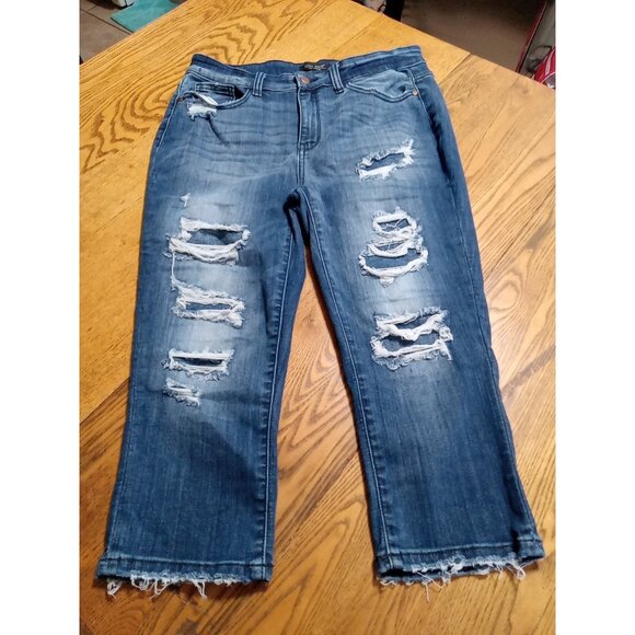 Judy Blue Denim - JUDY BLUE Jeans Womens 15 / 32 BLUE SKINNY FIT CAPRI Distressed Preowned Ripped